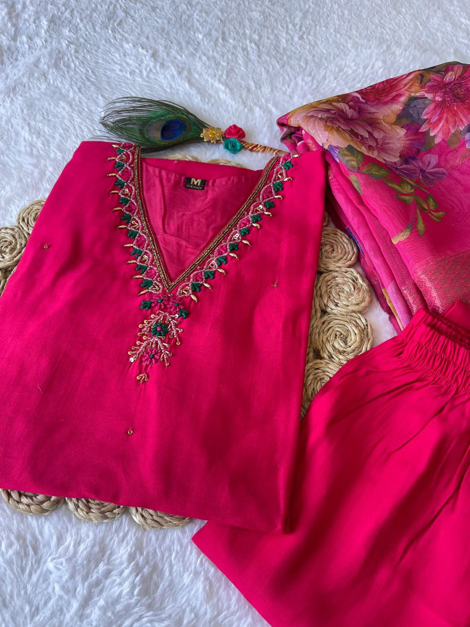 Rani Pink Handwork Vneck Kurta Pant Dupatta