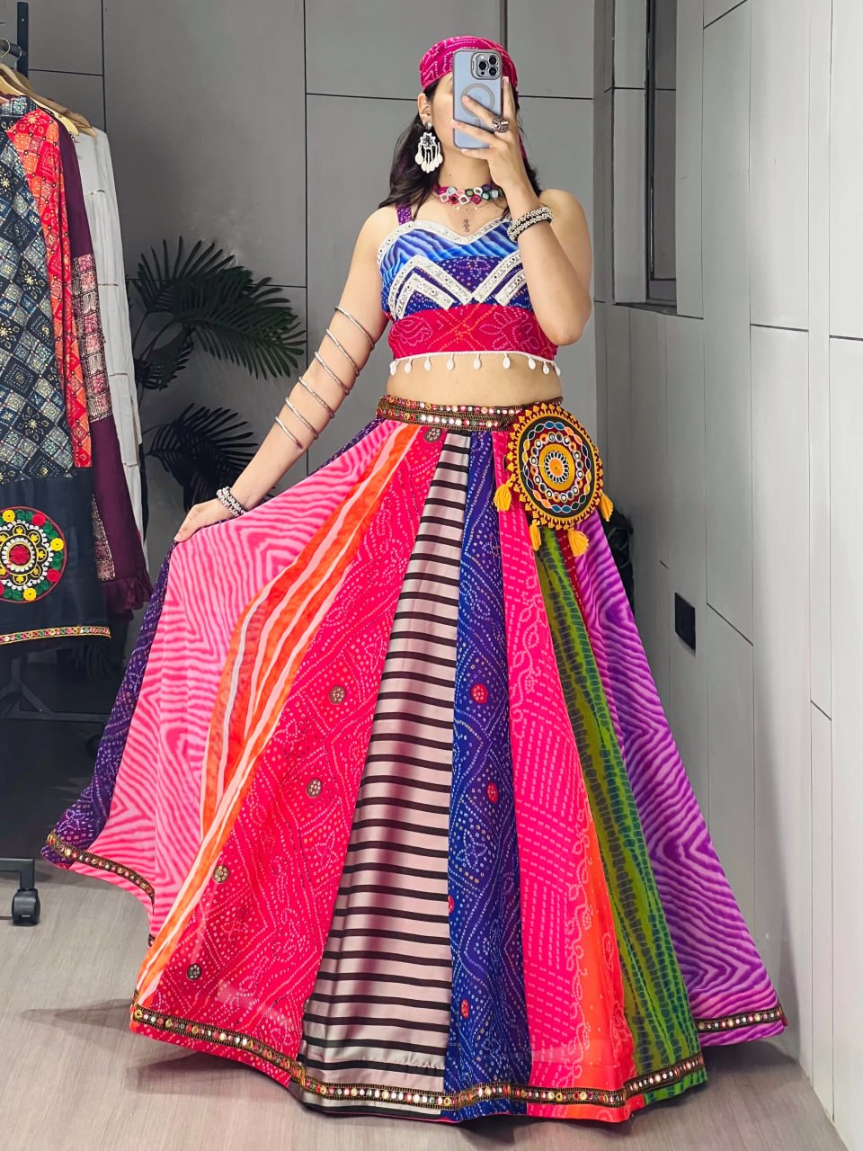 Multicolor Bandhani Print Navratri Chaniya Choli Set with Free Gamthi Batwa & Scarf