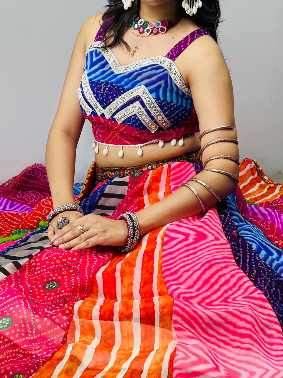 Multicolor Bandhani Print Navratri Chaniya Choli Set with Free Gamthi Batwa & Scarf