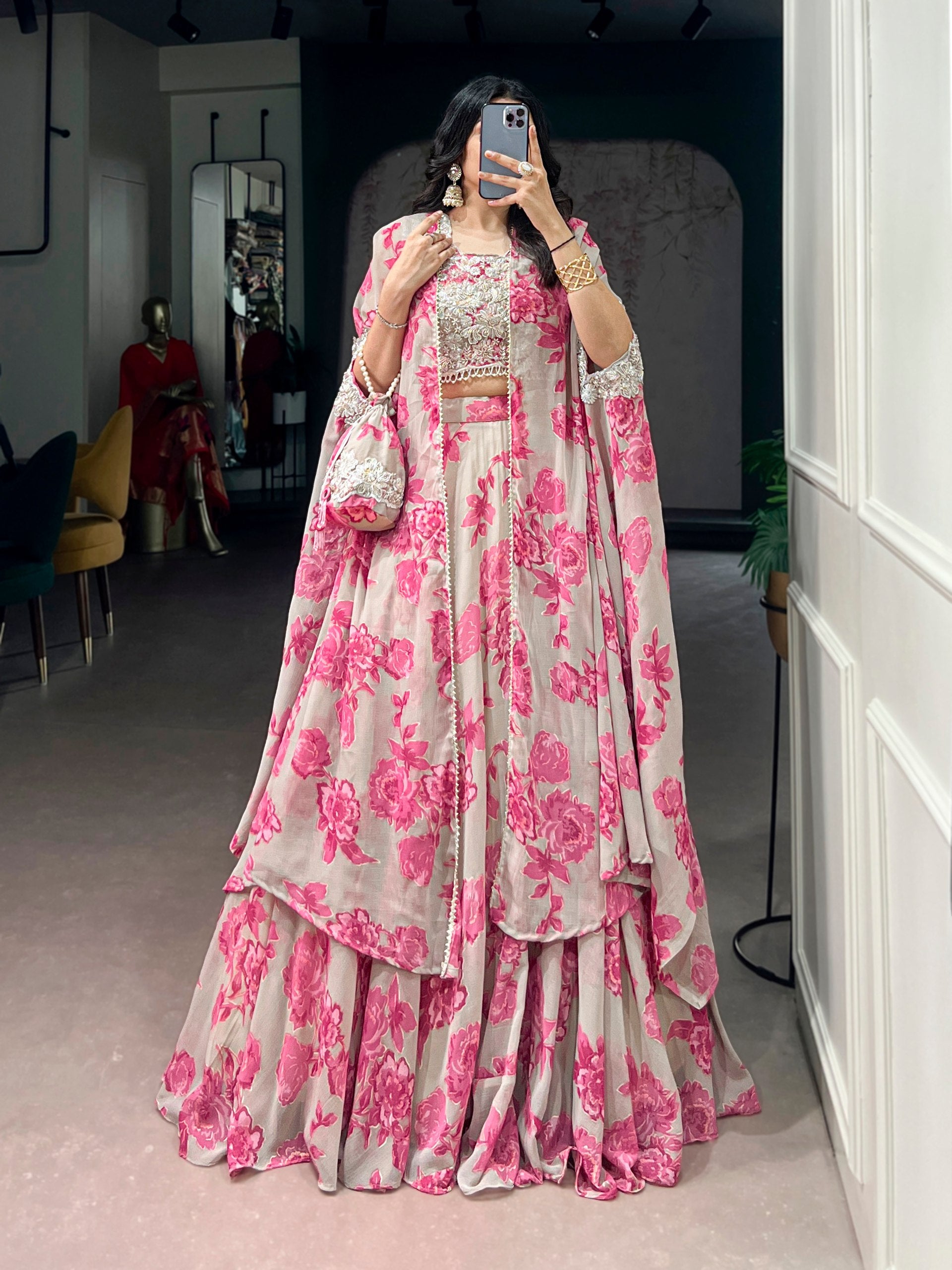 Pastel Pink Floral Georgette Cape Style Lehenga Choli Set with Embroidered Blouse & Batwa