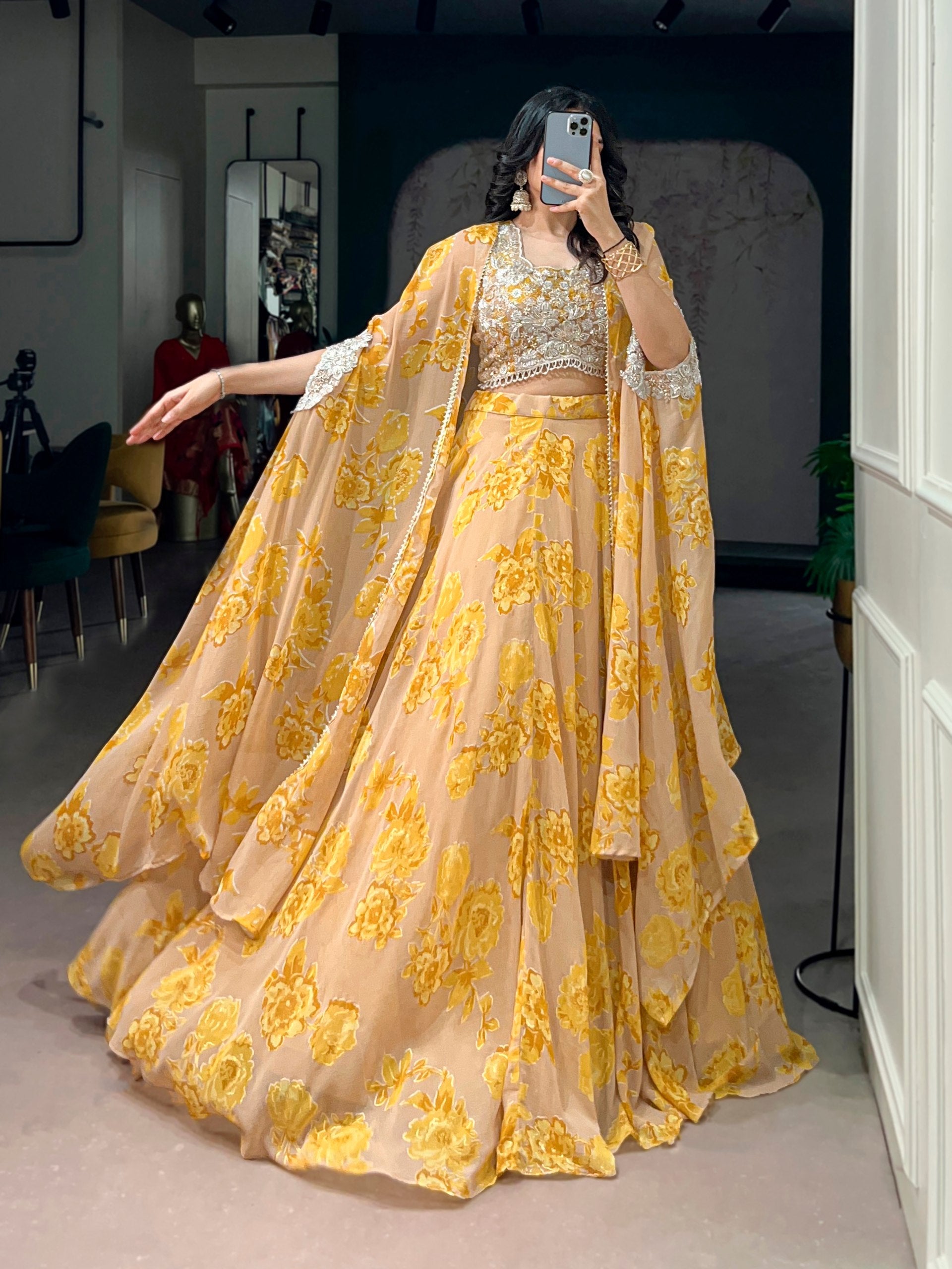Pastel Mustard Floral Georgette Cape Style Lehenga Choli Set with Embroidered Blouse & Batwa