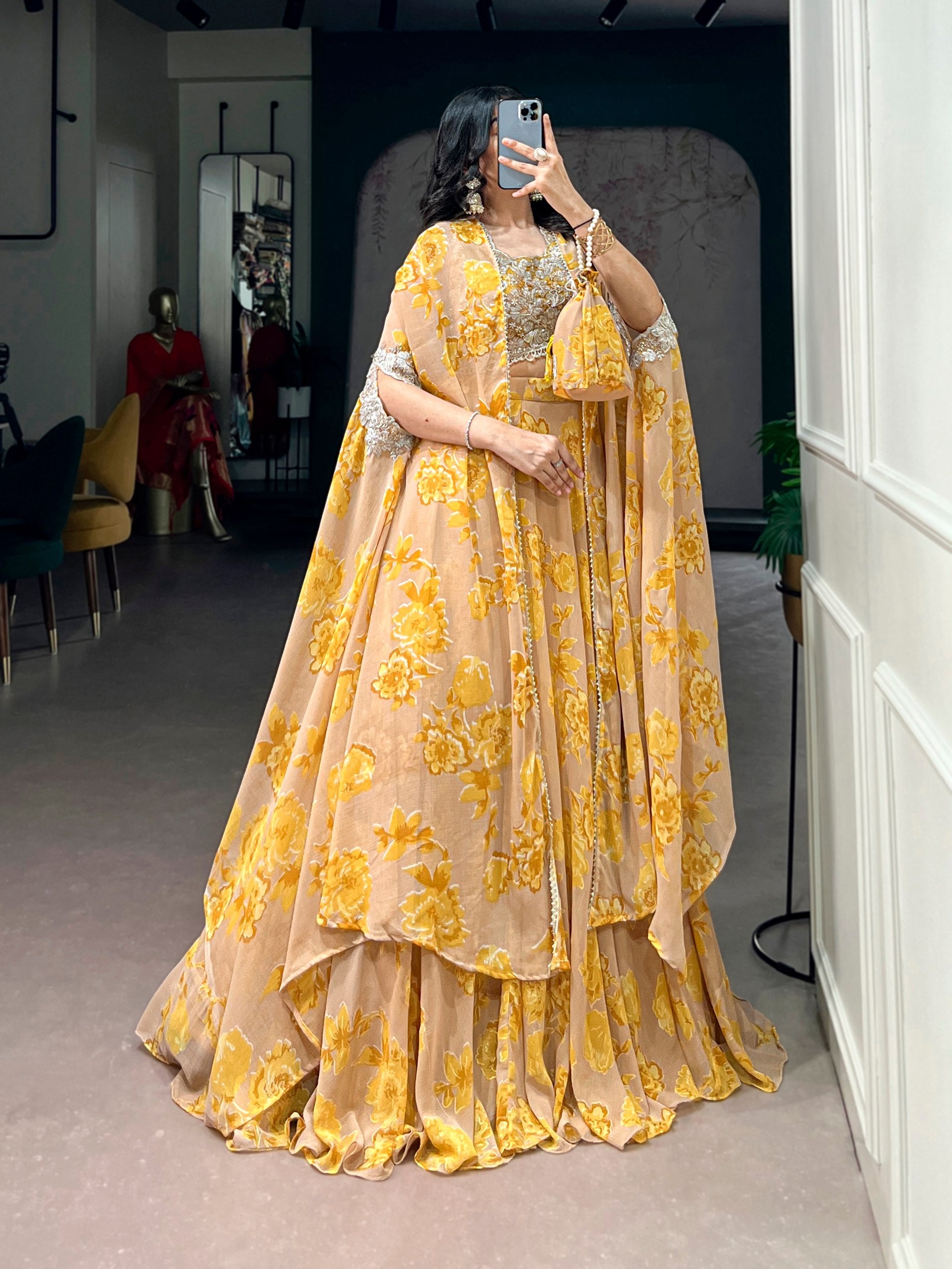 Pastel Mustard Floral Georgette Cape Style Lehenga Choli Set with Embroidered Blouse & Batwa