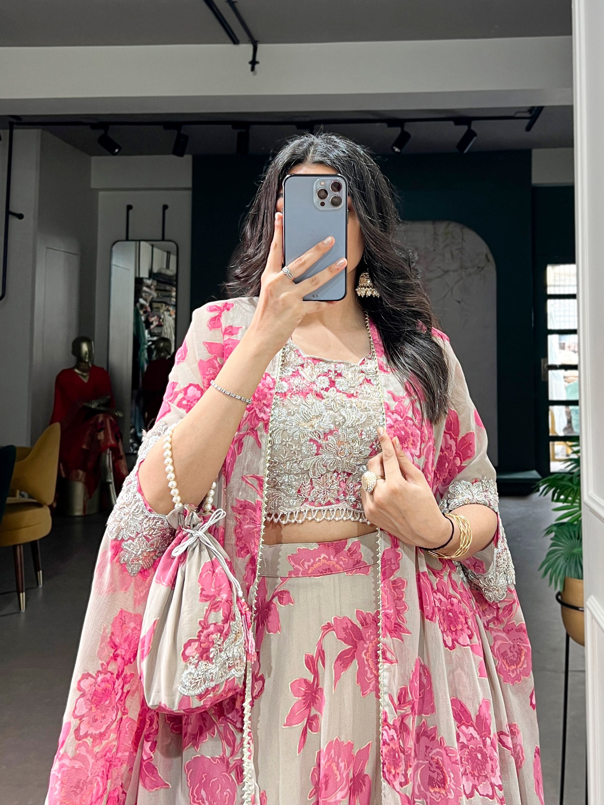 Pastel Pink Floral Georgette Cape Style Lehenga Choli Set with Embroidered Blouse & Batwa