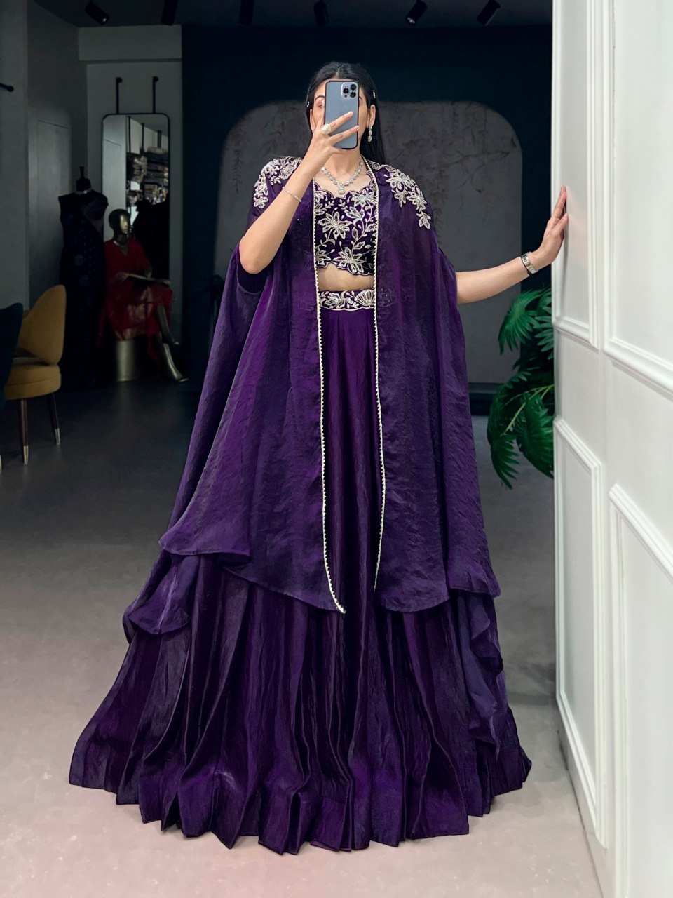 Royal Purple Fendi Silk Cape Style Lehenga with Embroidered Shrug