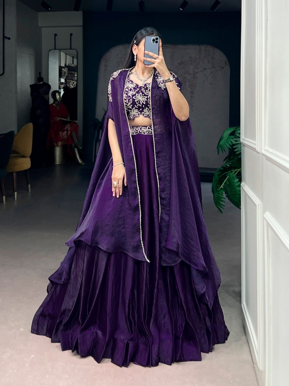 Royal Purple Fendi Silk Cape Style Lehenga with Embroidered Shrug