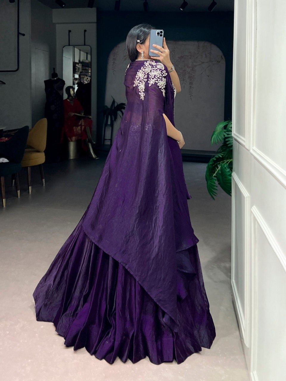 Royal Purple Fendi Silk Cape Style Lehenga with Embroidered Shrug