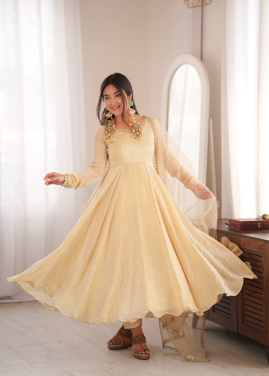 Champagne Gold Doremon Crush Anarkali Gown Set with Butterfly Net Dupatta
