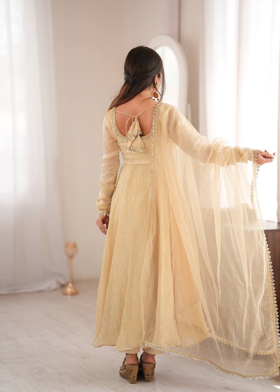 Champagne Gold Doremon Crush Anarkali Gown Set with Butterfly Net Dupatta