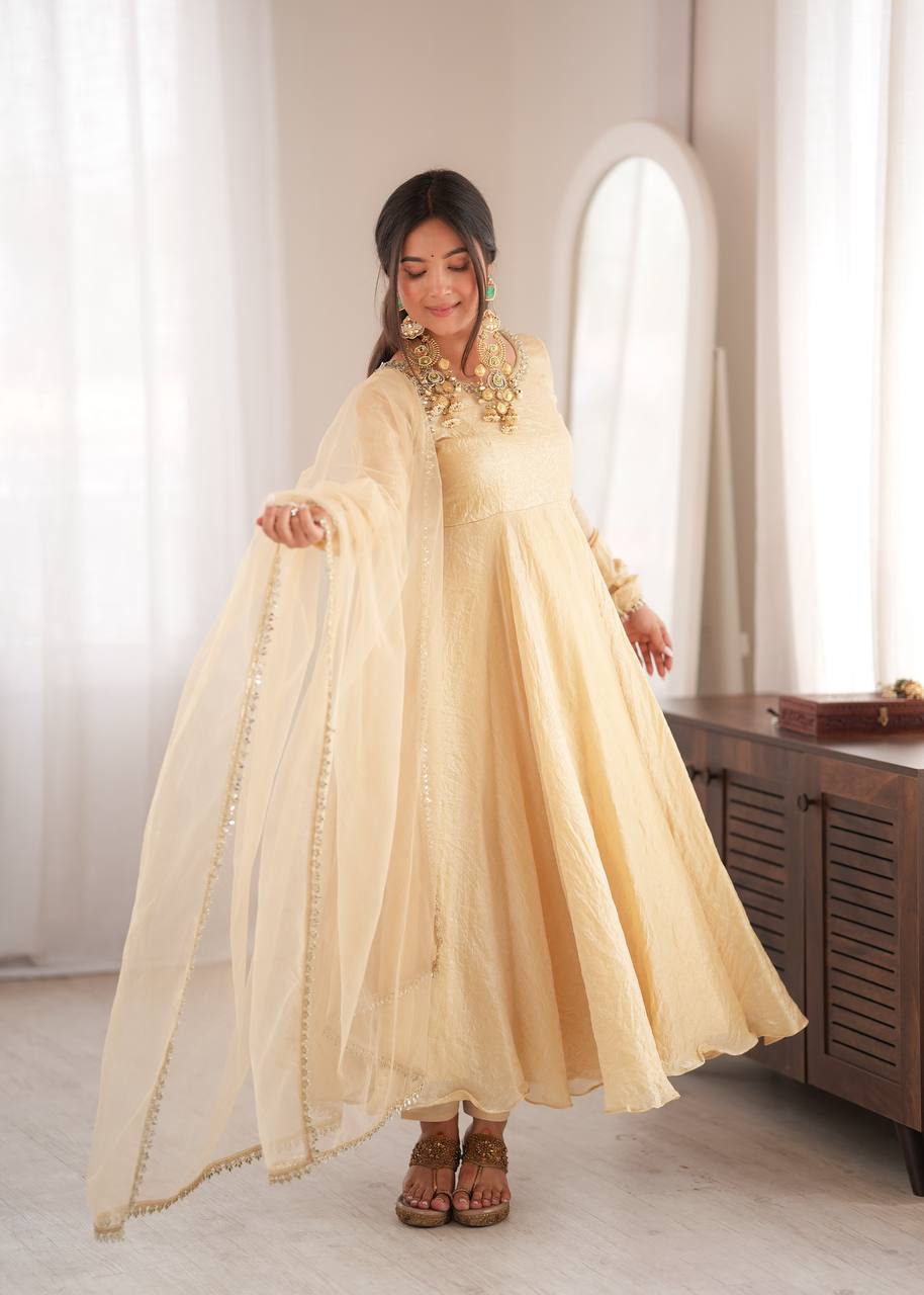 Champagne Gold Doremon Crush Anarkali Gown Set with Butterfly Net Dupatta