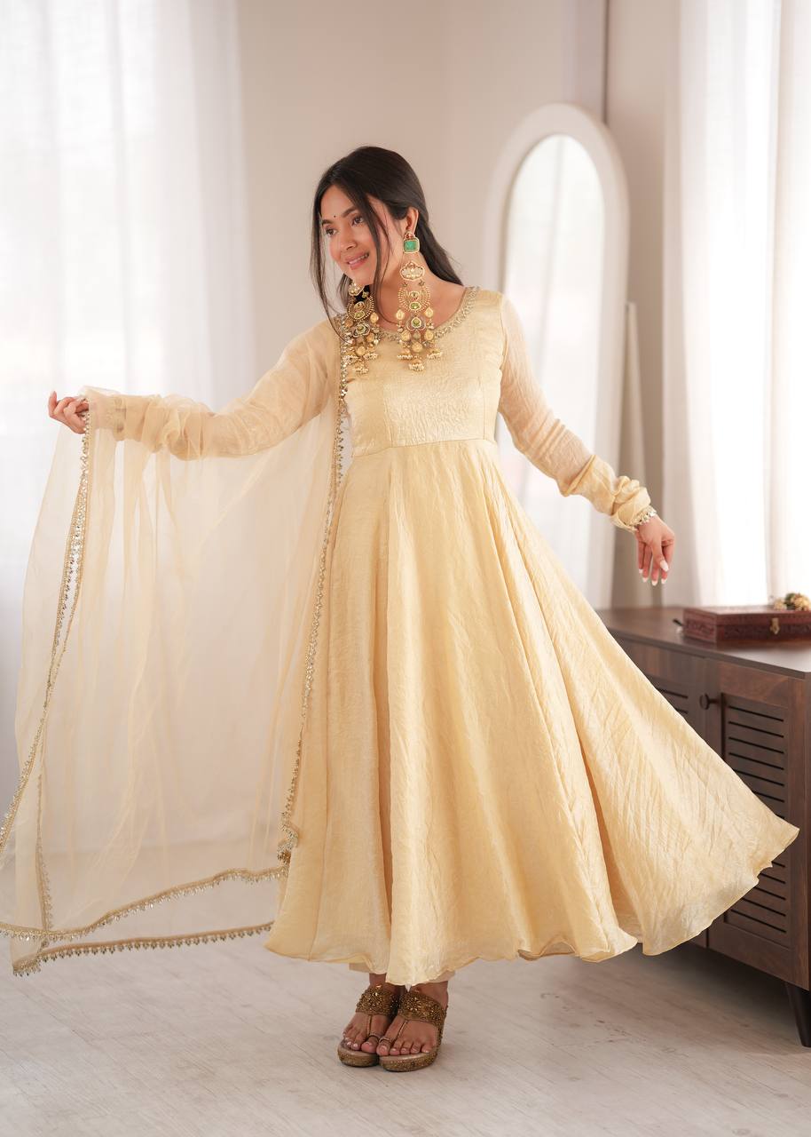 Champagne Gold Doremon Crush Anarkali Gown Set with Butterfly Net Dupatta
