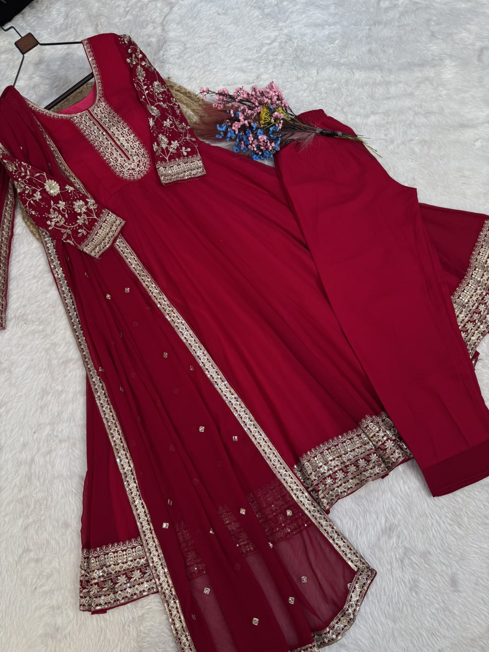 Rani Pink Faux Blooming Embroidered Gown with Pant & Dupatta | Zari Sequins Party Wear Set