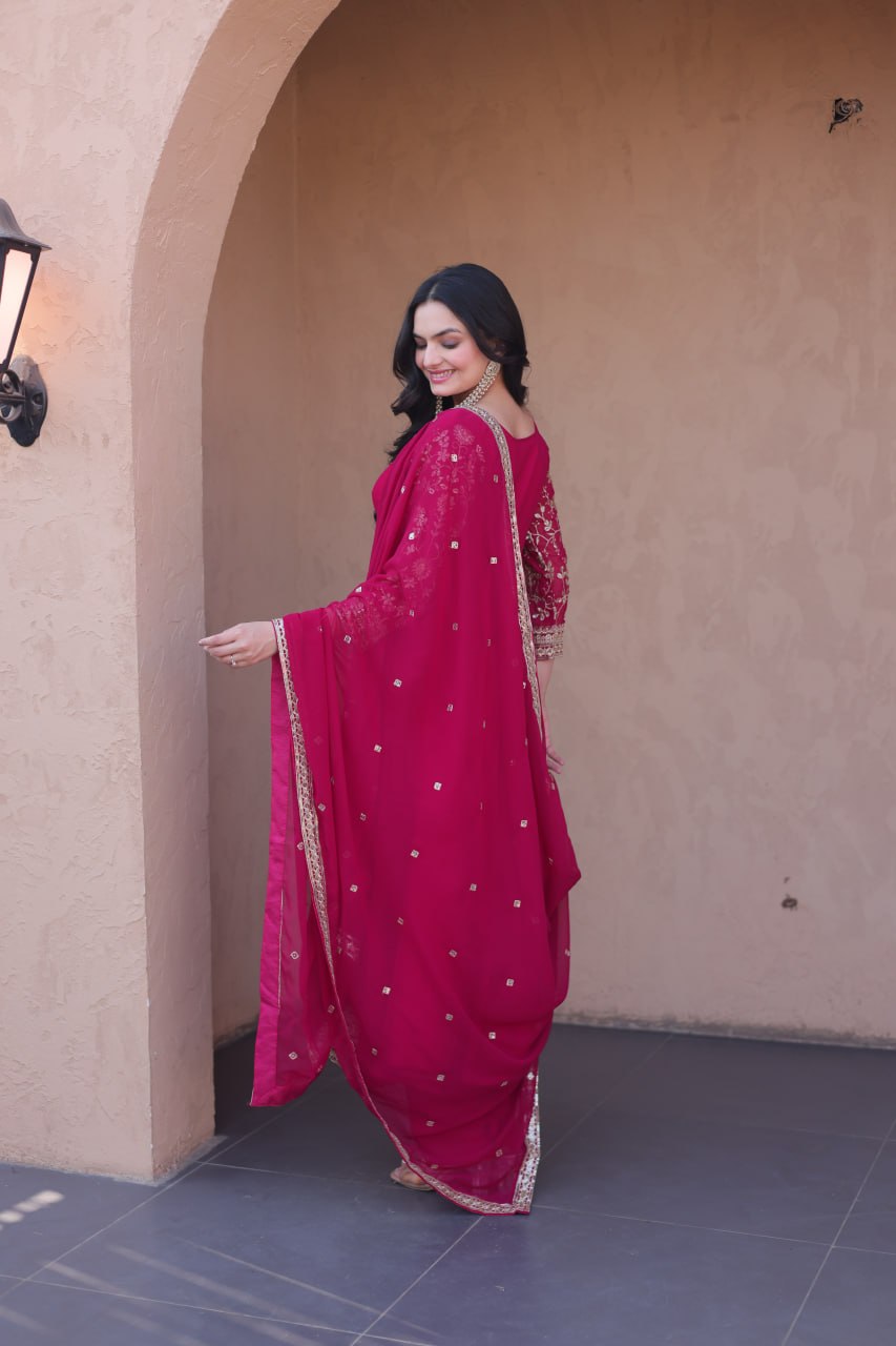 Rani Pink Faux Blooming Embroidered Gown with Pant & Dupatta | Zari Sequins Party Wear Set