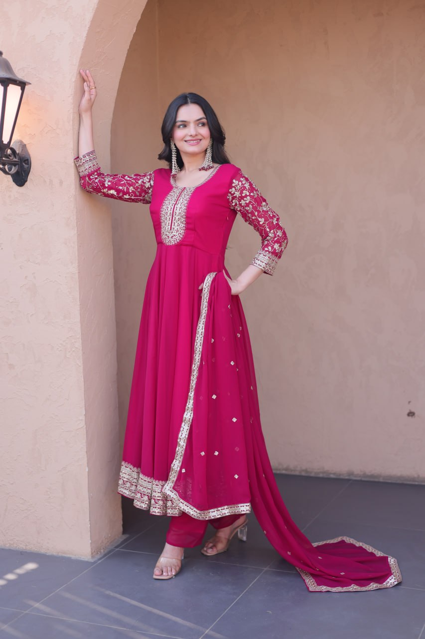 Rani Pink Faux Blooming Embroidered Gown with Pant & Dupatta | Zari Sequins Party Wear Set