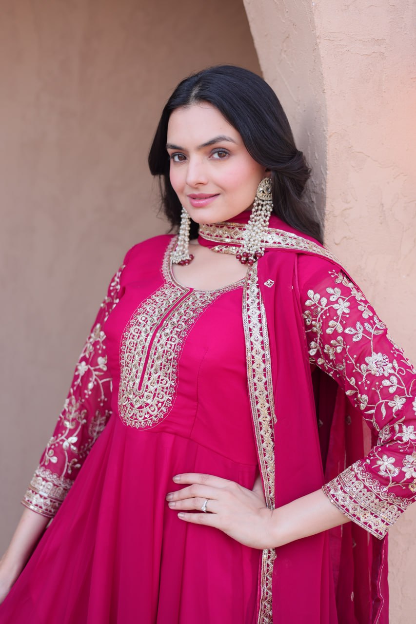 Rani Pink Faux Blooming Embroidered Gown with Pant & Dupatta | Zari Sequins Party Wear Set