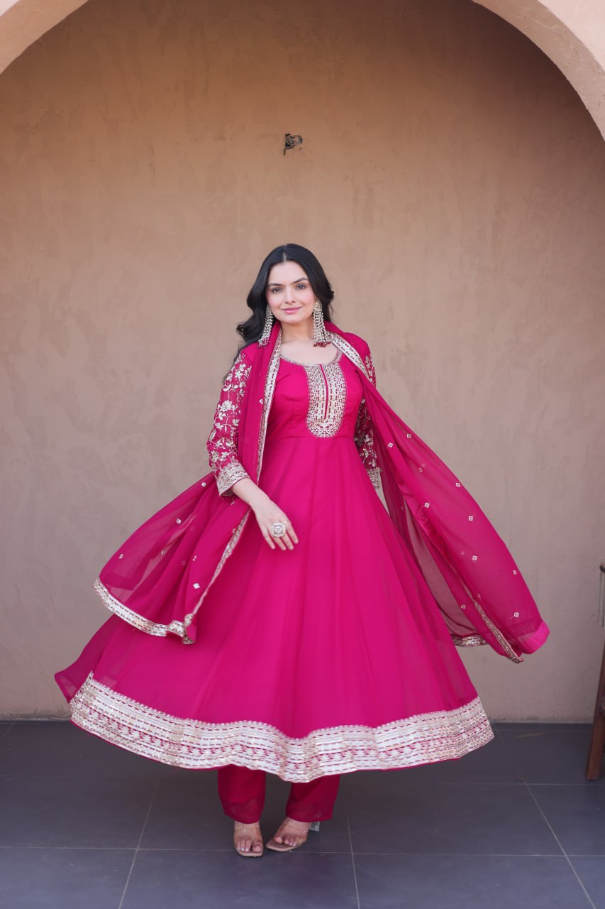 Rani Pink Faux Blooming Embroidered Gown with Pant & Dupatta | Zari Sequins Party Wear Set