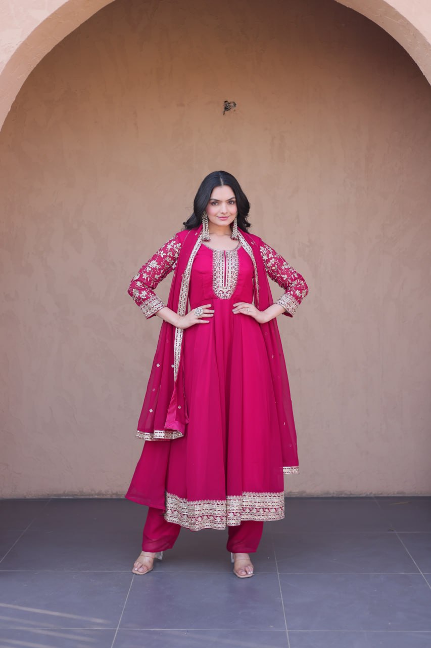 Rani Pink Faux Blooming Embroidered Gown with Pant & Dupatta | Zari Sequins Party Wear Set