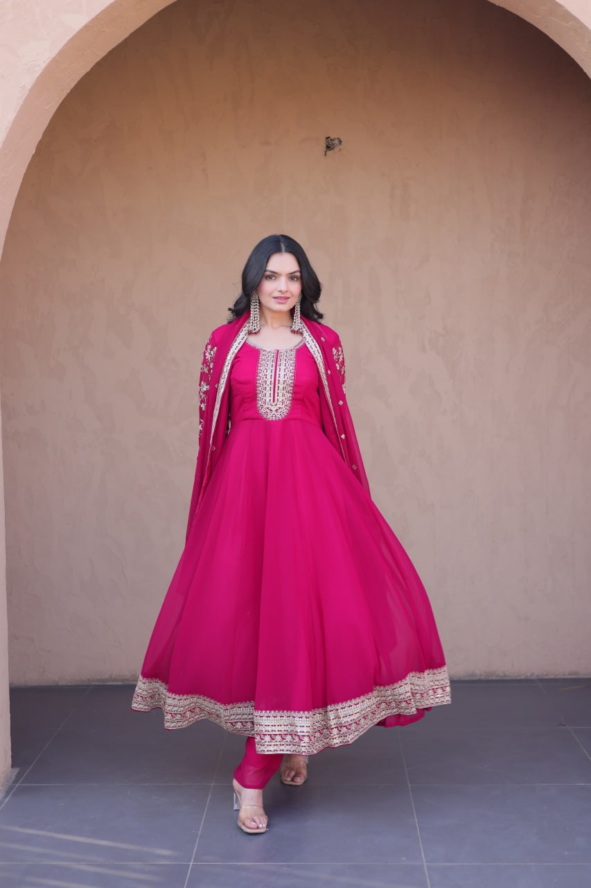 Rani Pink Faux Blooming Embroidered Gown with Pant & Dupatta | Zari Sequins Party Wear Set