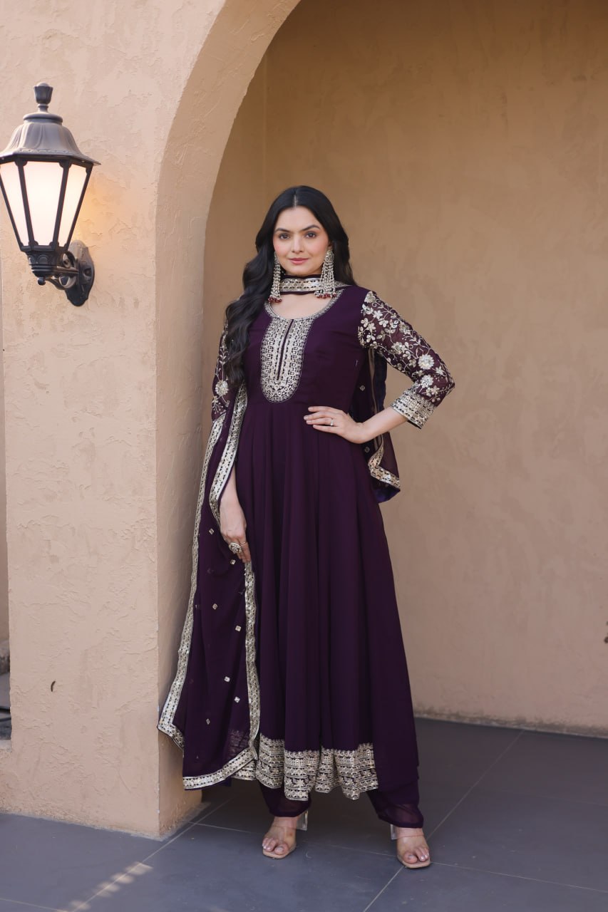 Wine Embroidered Faux Blooming Gown Pant Dupatta Set with Zari Sequins Work