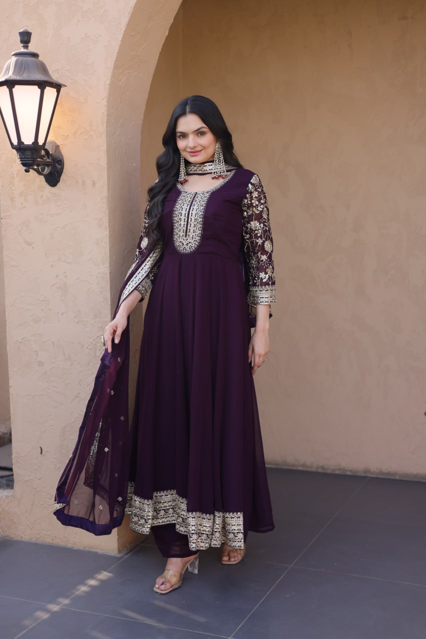 Wine Embroidered Faux Blooming Gown Pant Dupatta Set with Zari Sequins Work