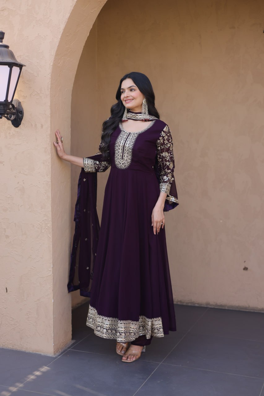 Wine Embroidered Faux Blooming Gown Pant Dupatta Set with Zari Sequins Work