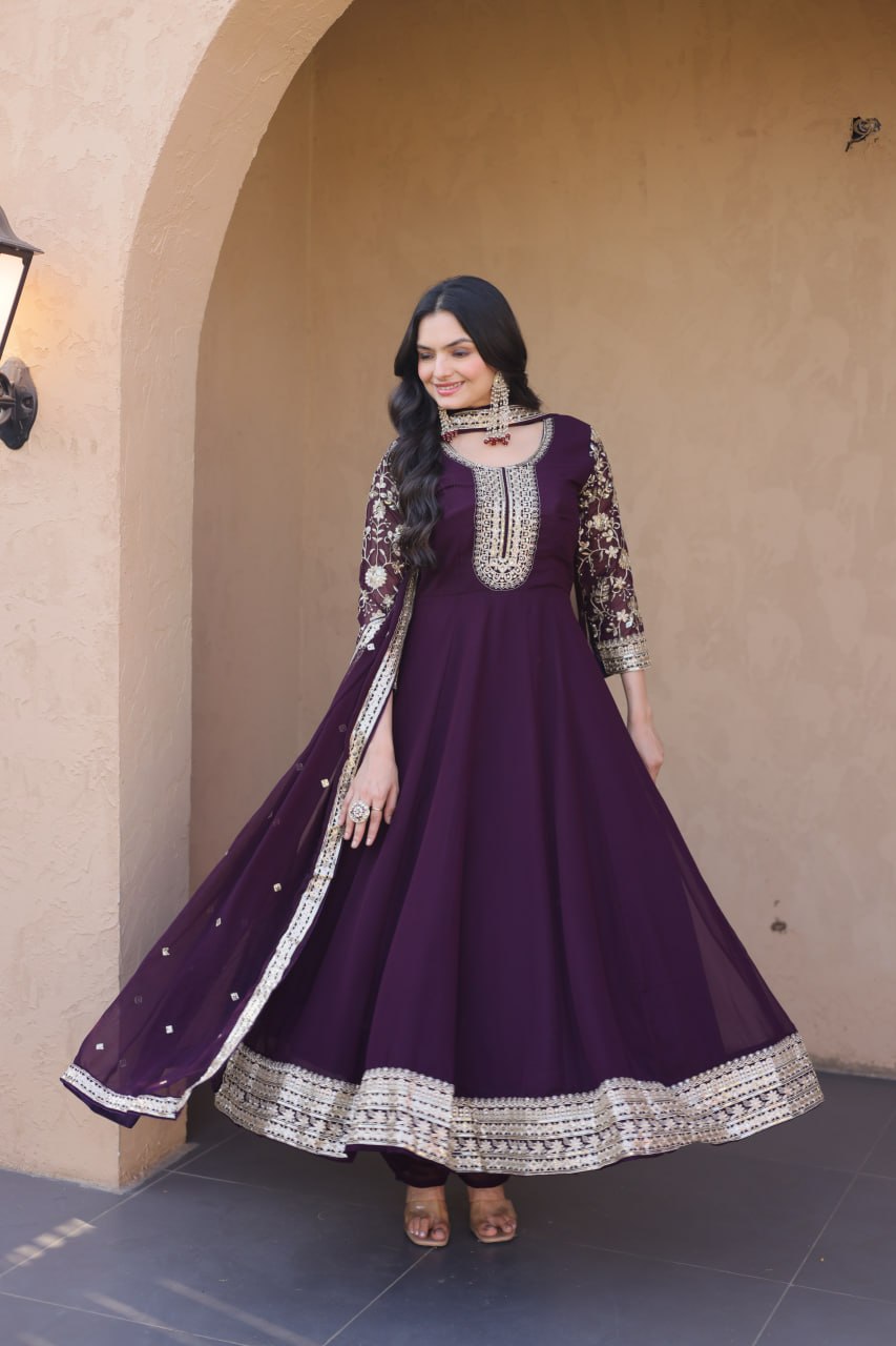 Wine Embroidered Faux Blooming Gown Pant Dupatta Set with Zari Sequins Work