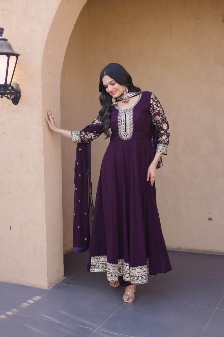 Wine Embroidered Faux Blooming Gown Pant Dupatta Set with Zari Sequins Work