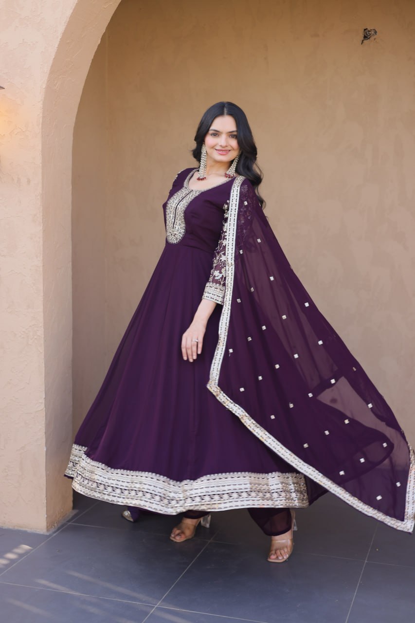 Wine Embroidered Faux Blooming Gown Pant Dupatta Set with Zari Sequins Work