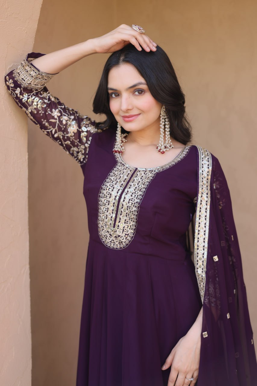 Wine Embroidered Faux Blooming Gown Pant Dupatta Set with Zari Sequins Work
