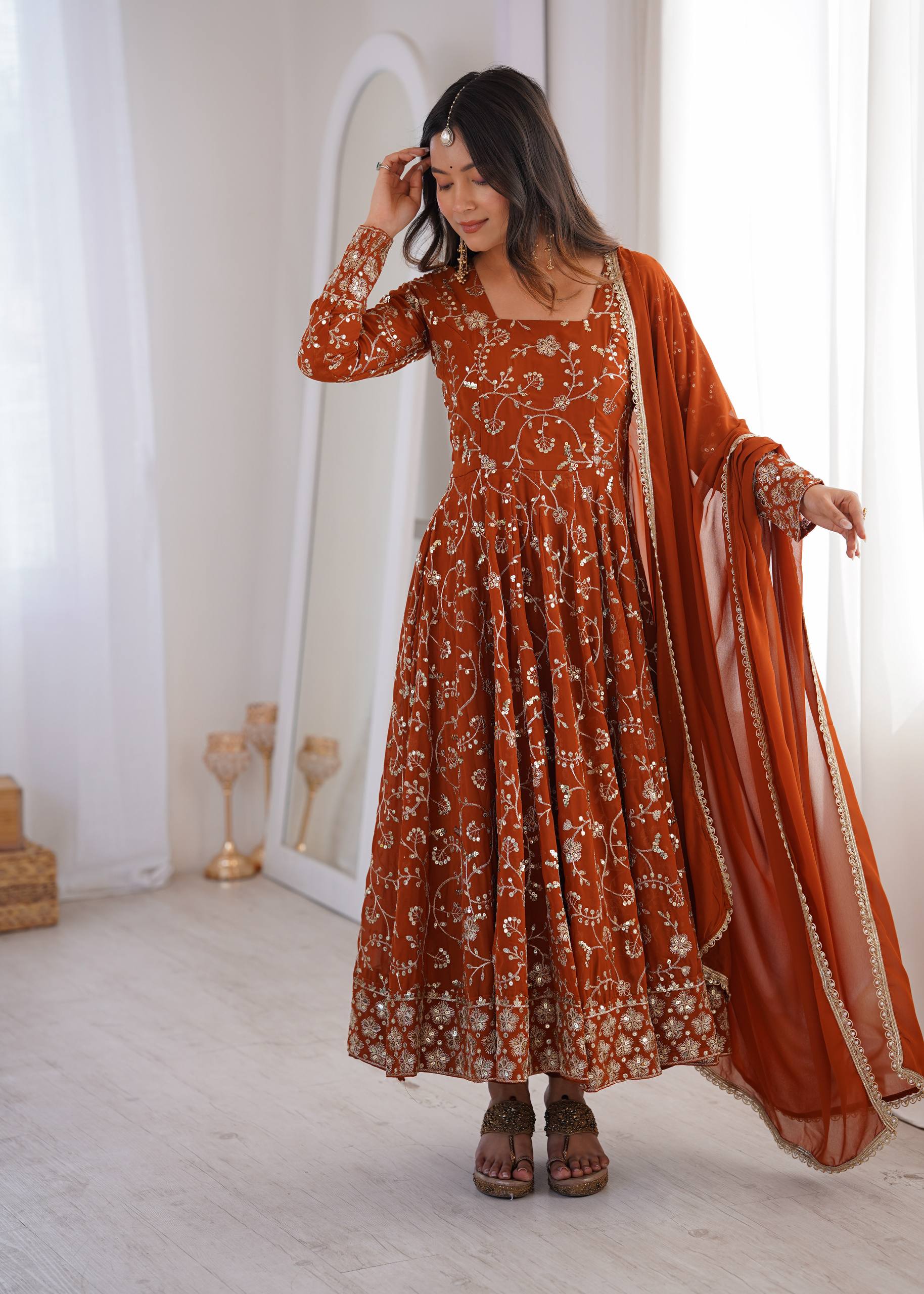 Rust Orange Heavy Embroidered Faux Georgette Anarkali Gown Set with Dupatta