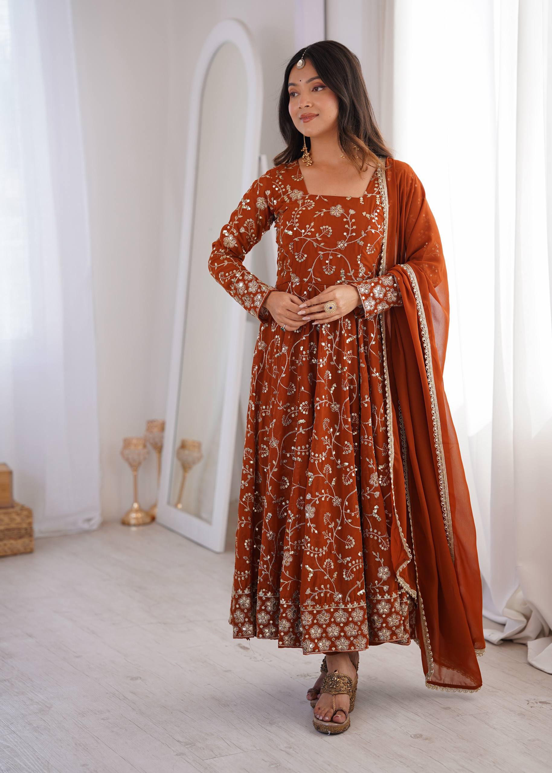 Rust Orange Heavy Embroidered Faux Georgette Anarkali Gown Set with Dupatta