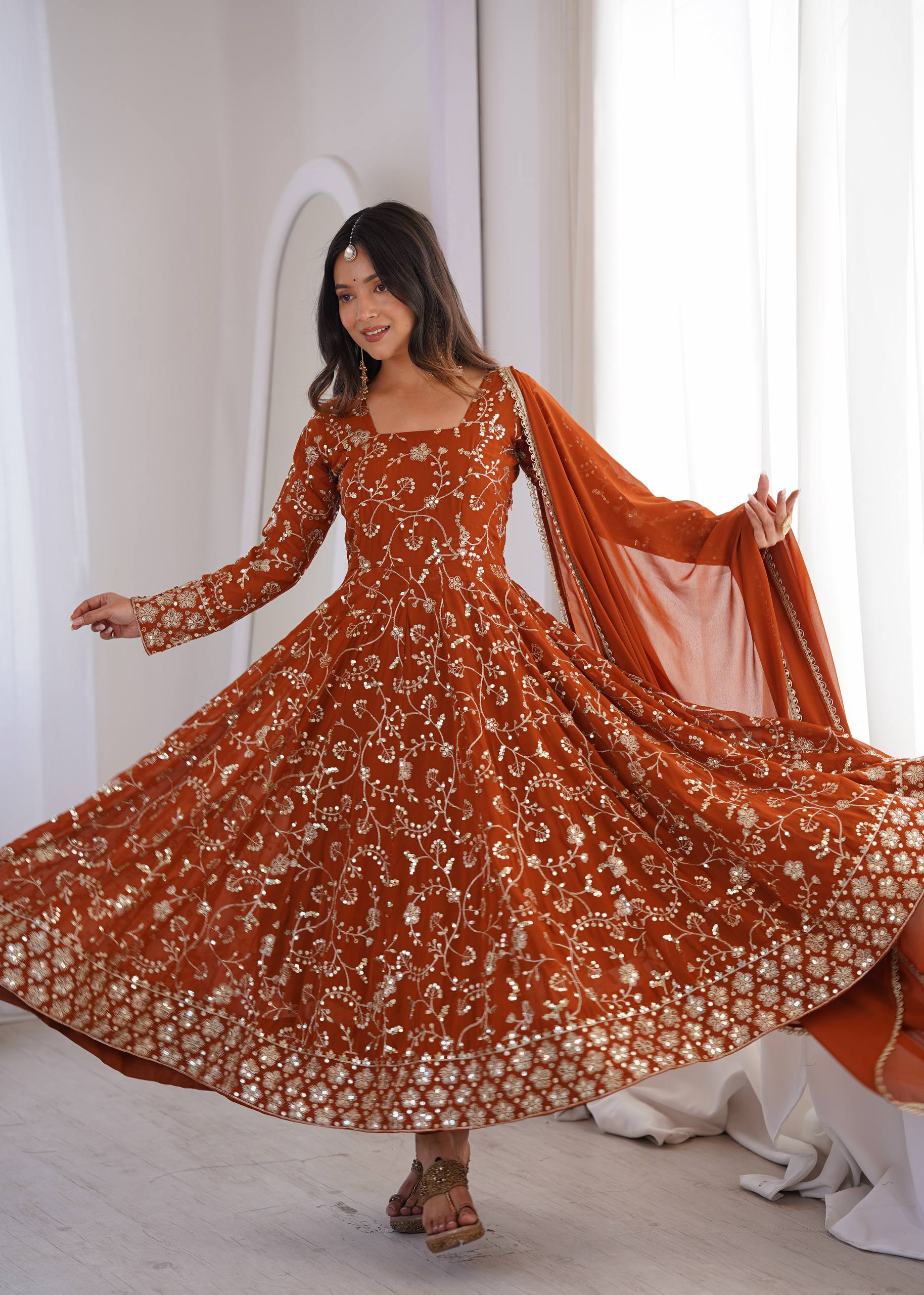 Rust Orange Heavy Embroidered Faux Georgette Anarkali Gown Set with Dupatta