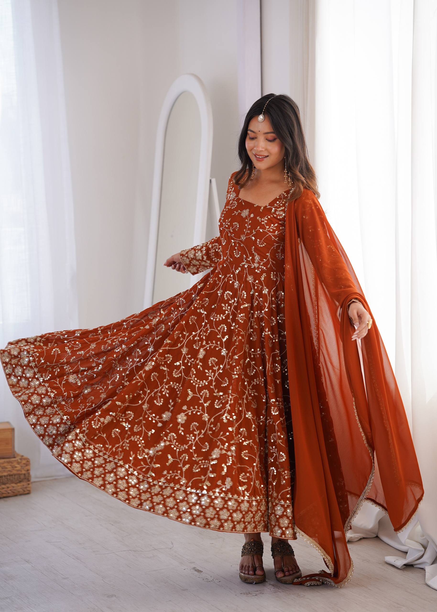 Rust Orange Heavy Embroidered Faux Georgette Anarkali Gown Set with Dupatta