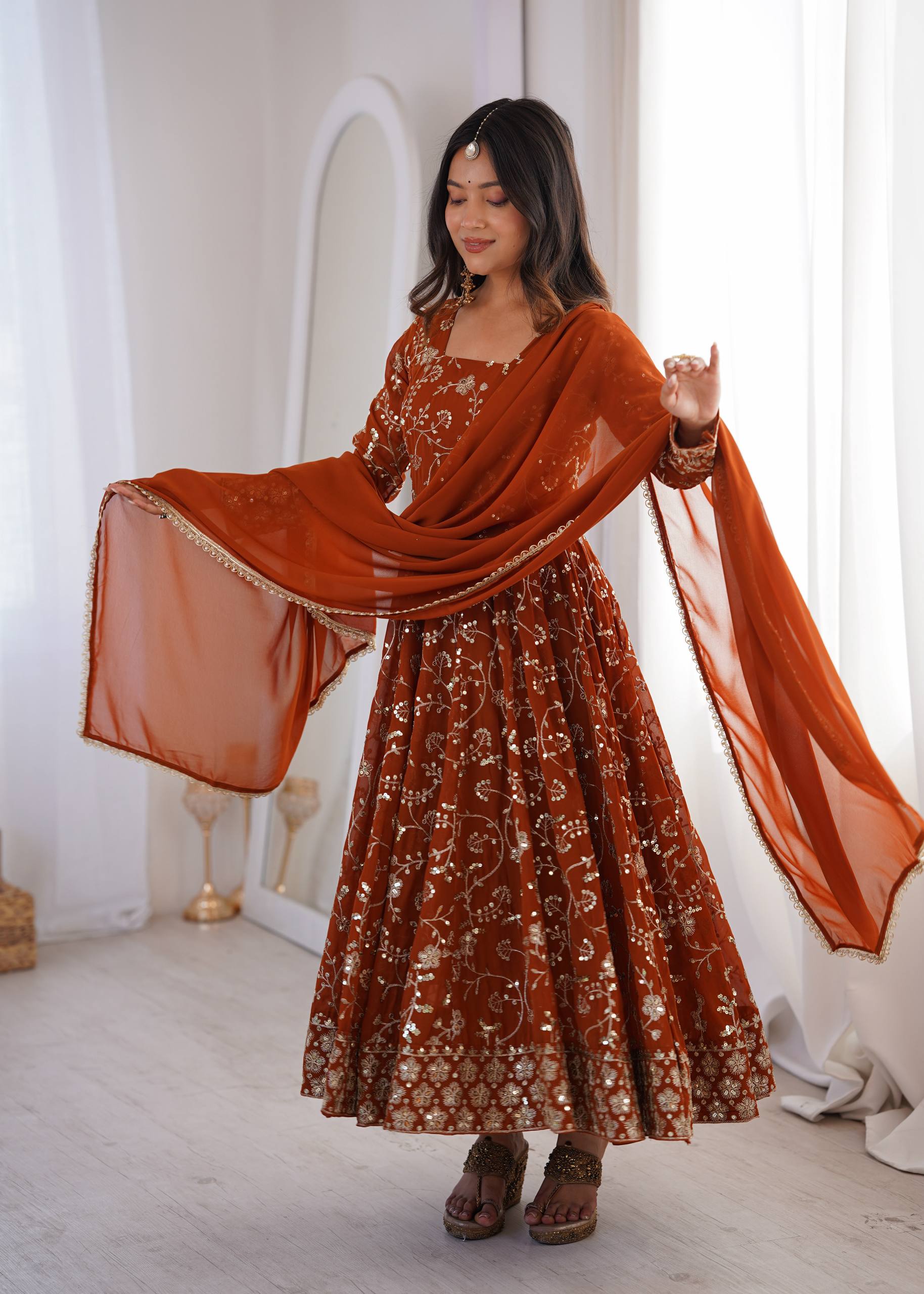 Rust Orange Heavy Embroidered Faux Georgette Anarkali Gown Set with Dupatta