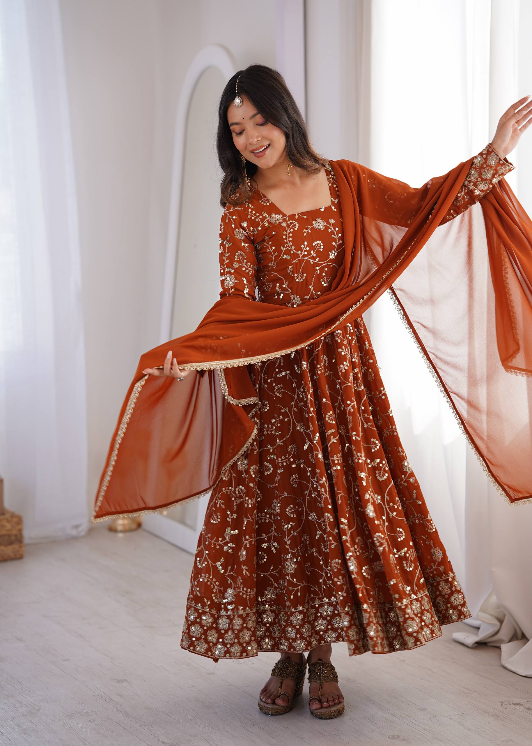 Rust Orange Heavy Embroidered Faux Georgette Anarkali Gown Set with Dupatta