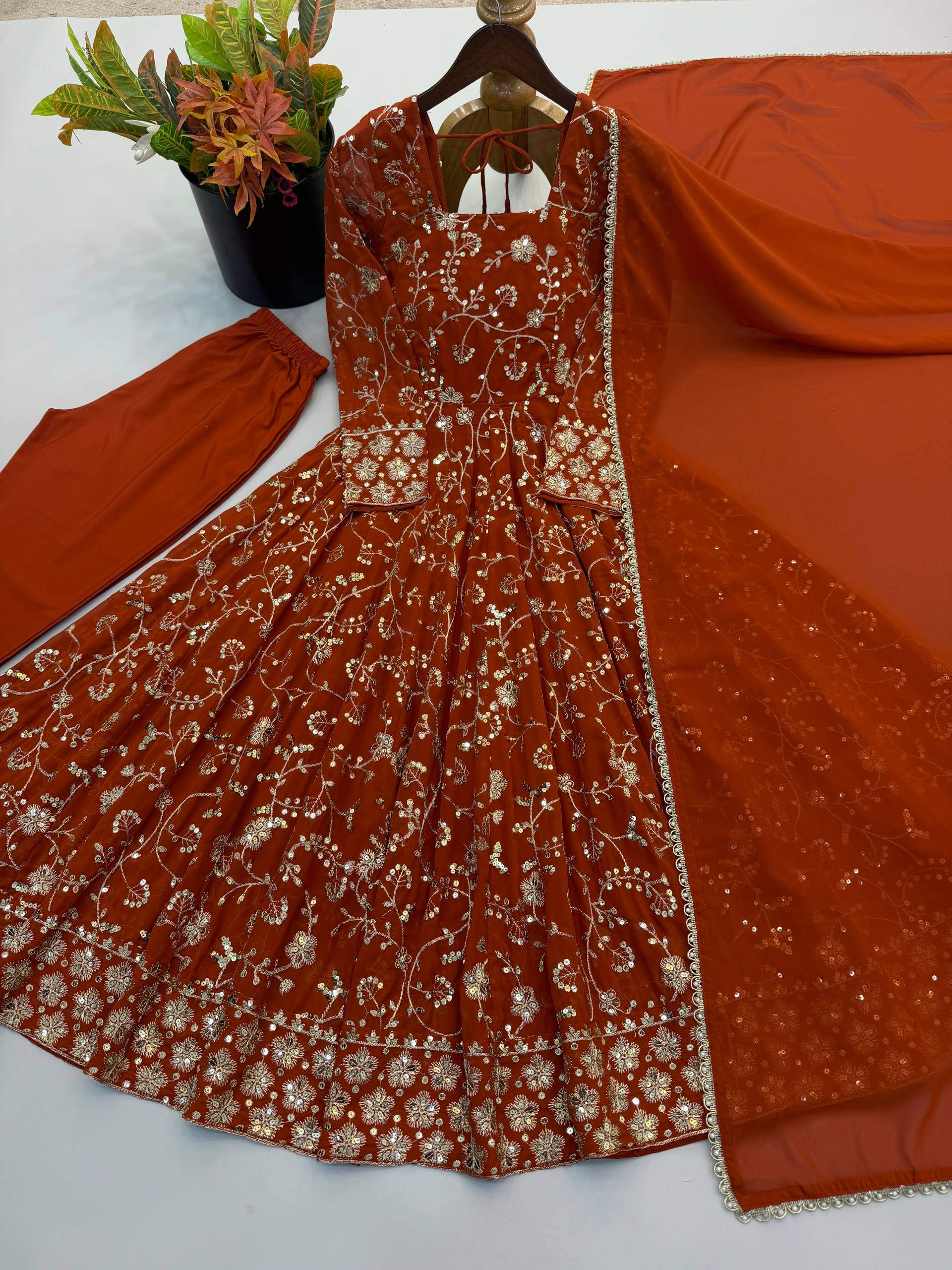 Rust Orange Heavy Embroidered Faux Georgette Anarkali Gown Set with Dupatta
