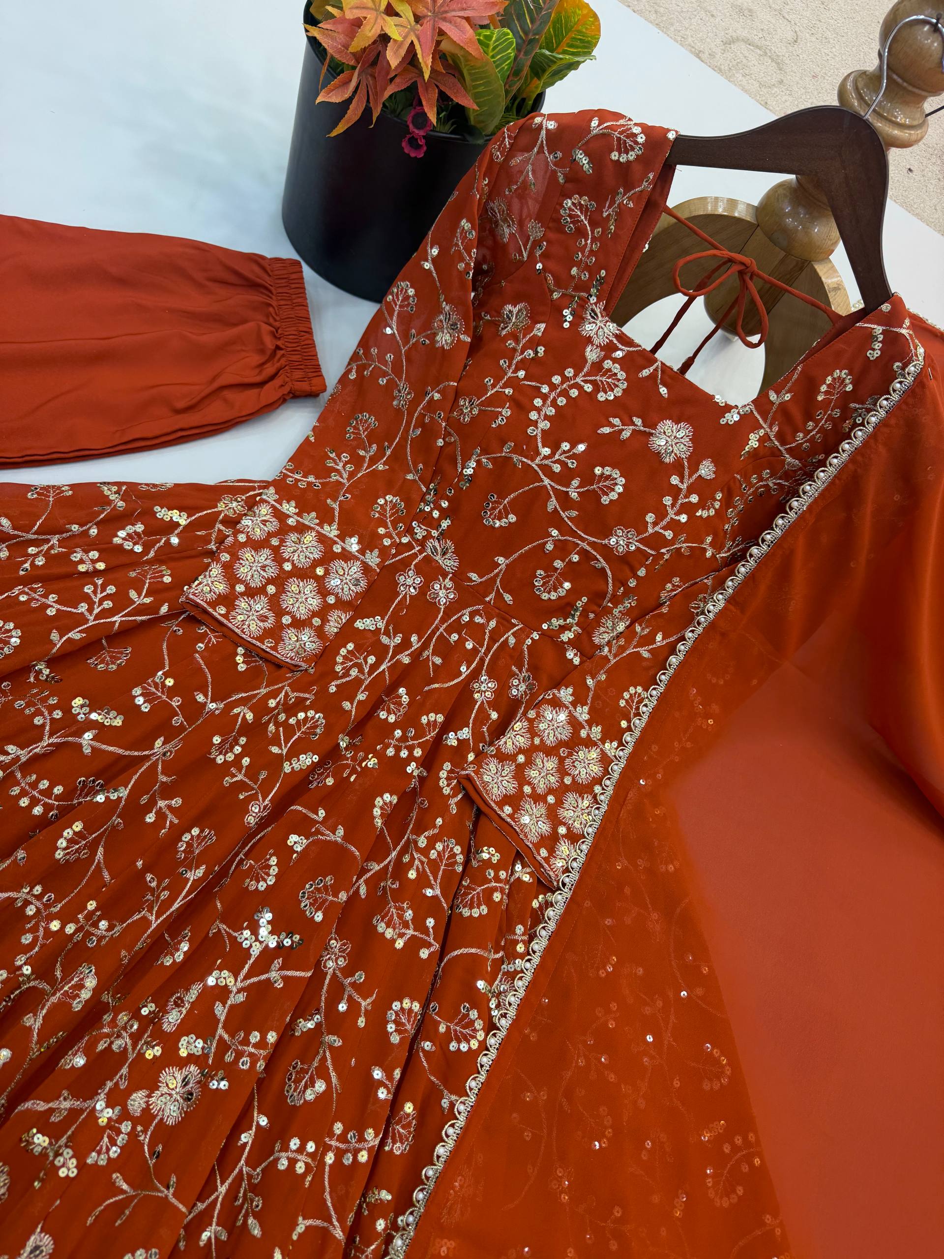 Rust Orange Heavy Embroidered Faux Georgette Anarkali Gown Set with Dupatta
