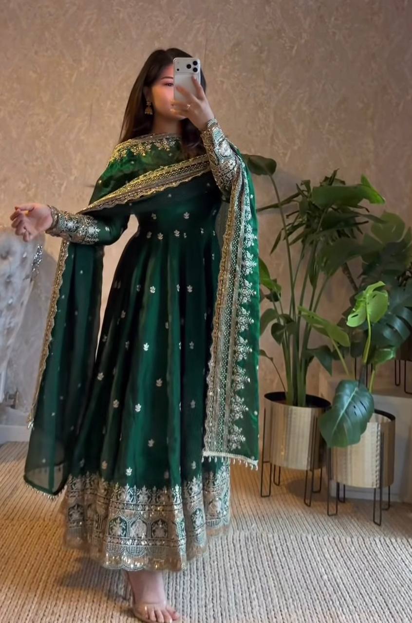 Emerald Green Fandy Silk Embroidered Anarkali Gown Set with Sequins Work
