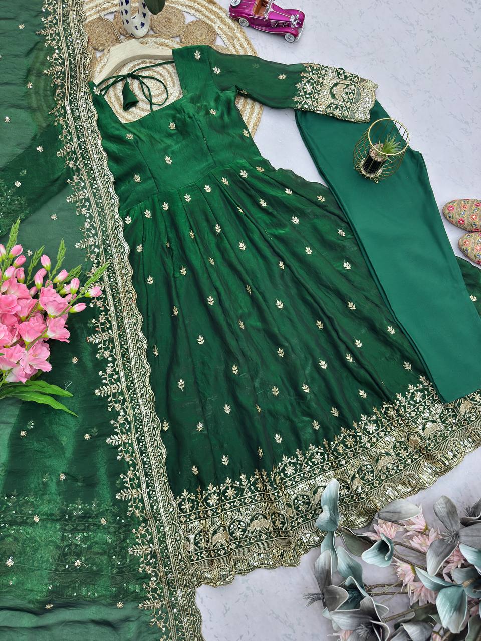 Emerald Green Fandy Silk Embroidered Anarkali Gown Set with Sequins Work
