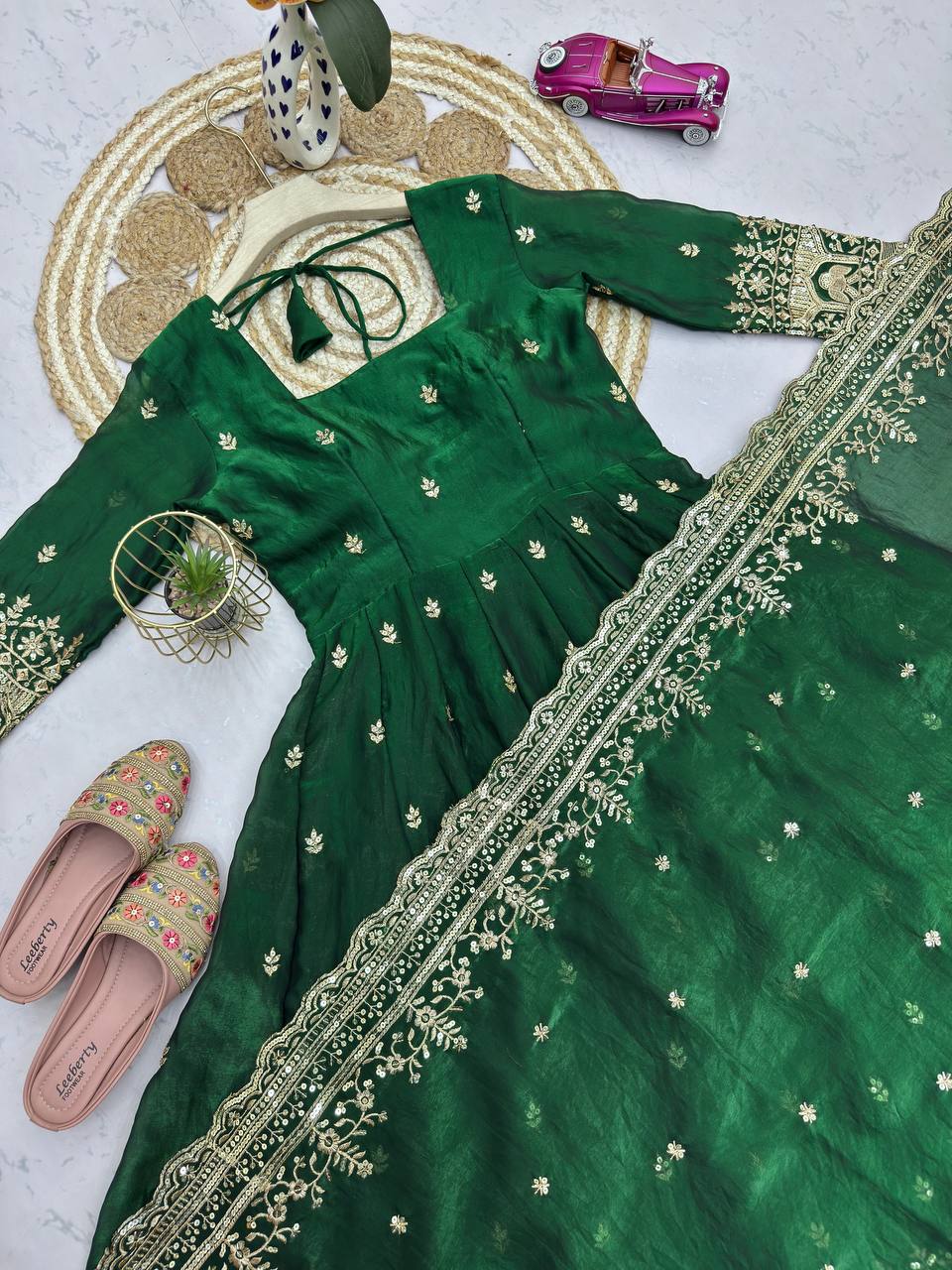 Emerald Green Fandy Silk Embroidered Anarkali Gown Set with Sequins Work