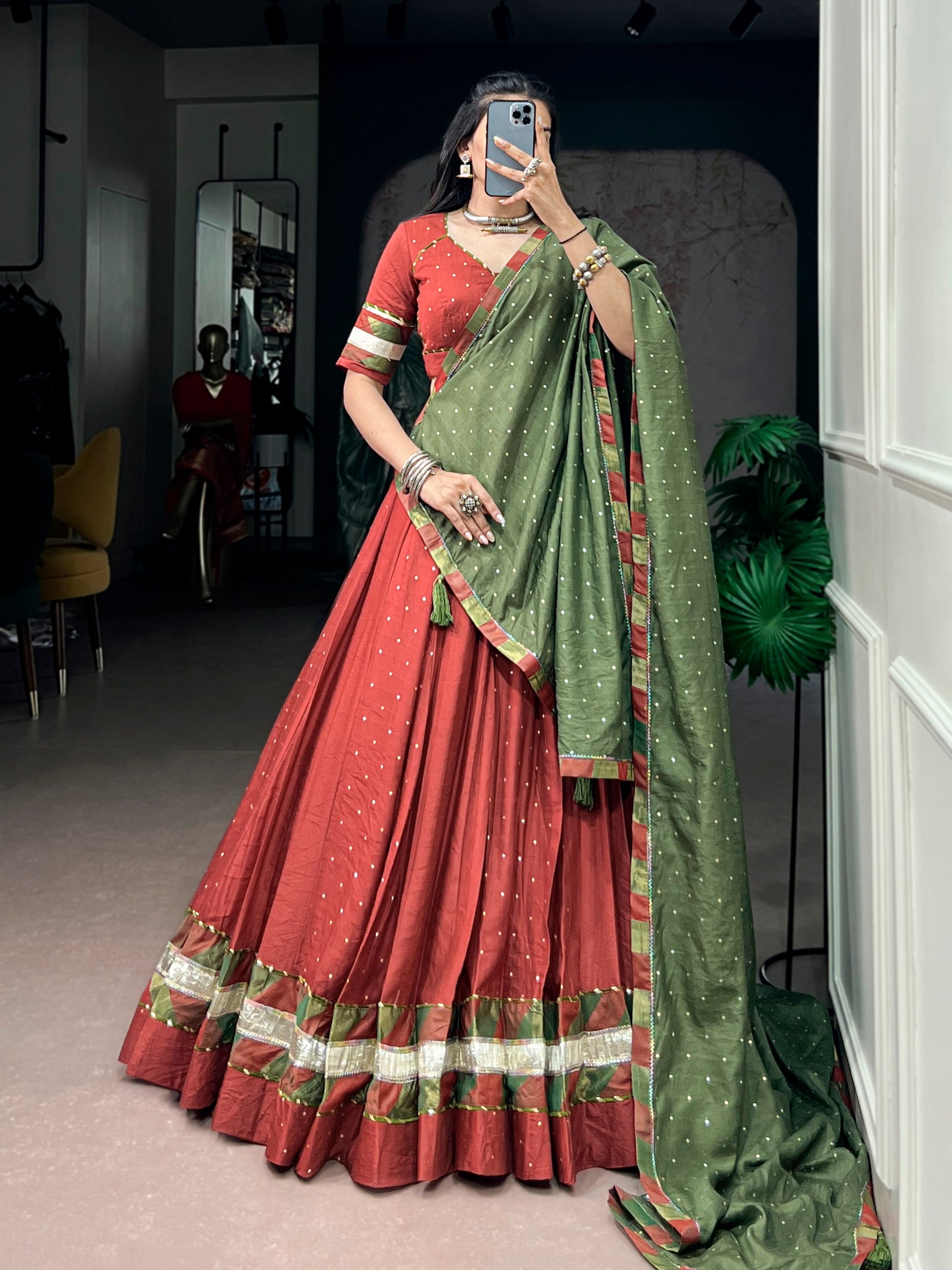 Brick Red & Olive Green Pure Chanderi Lehenga Choli with Zari Butti Dupatta