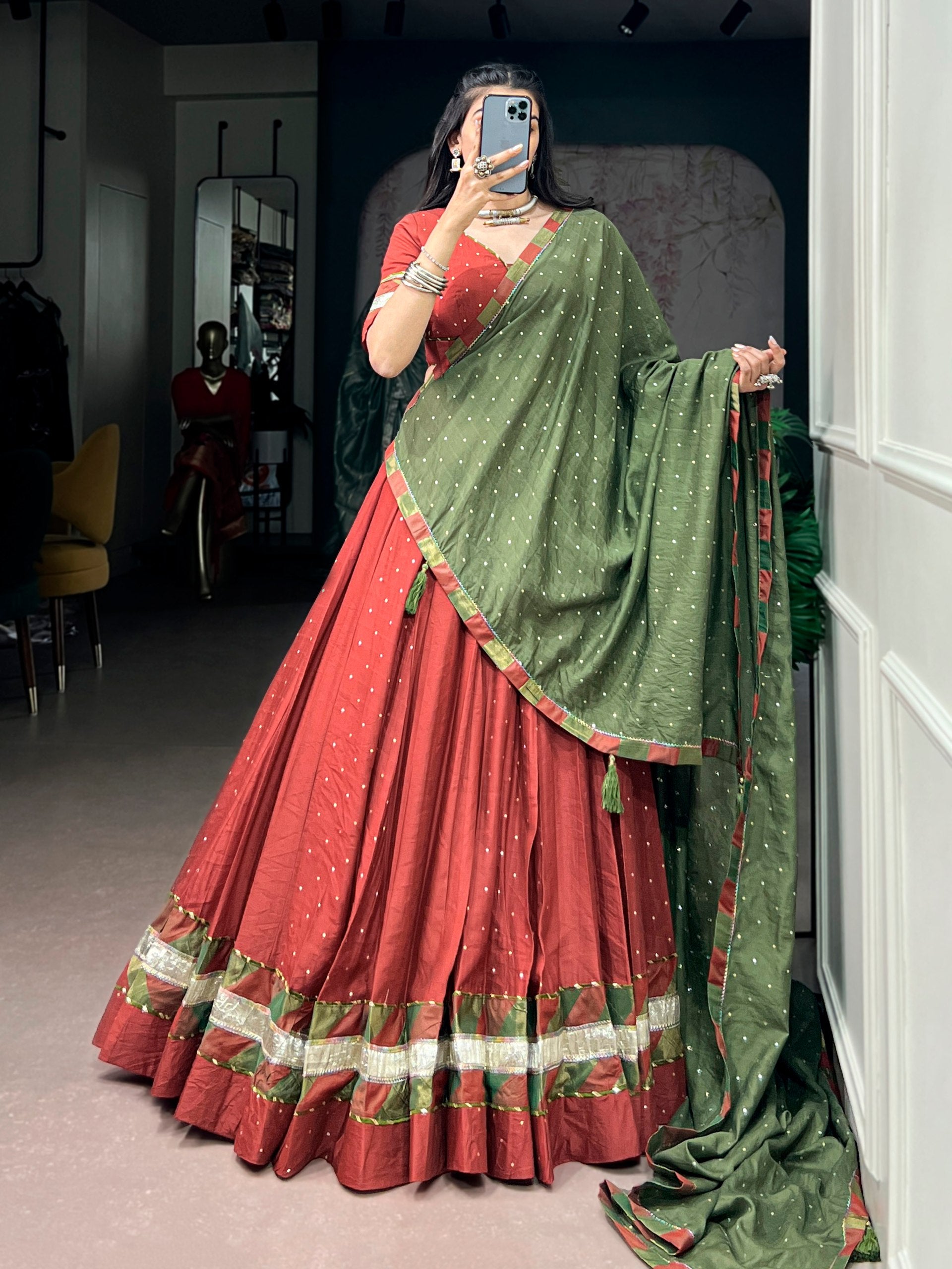 Brick Red & Olive Green Pure Chanderi Lehenga Choli with Zari Butti Dupatta
