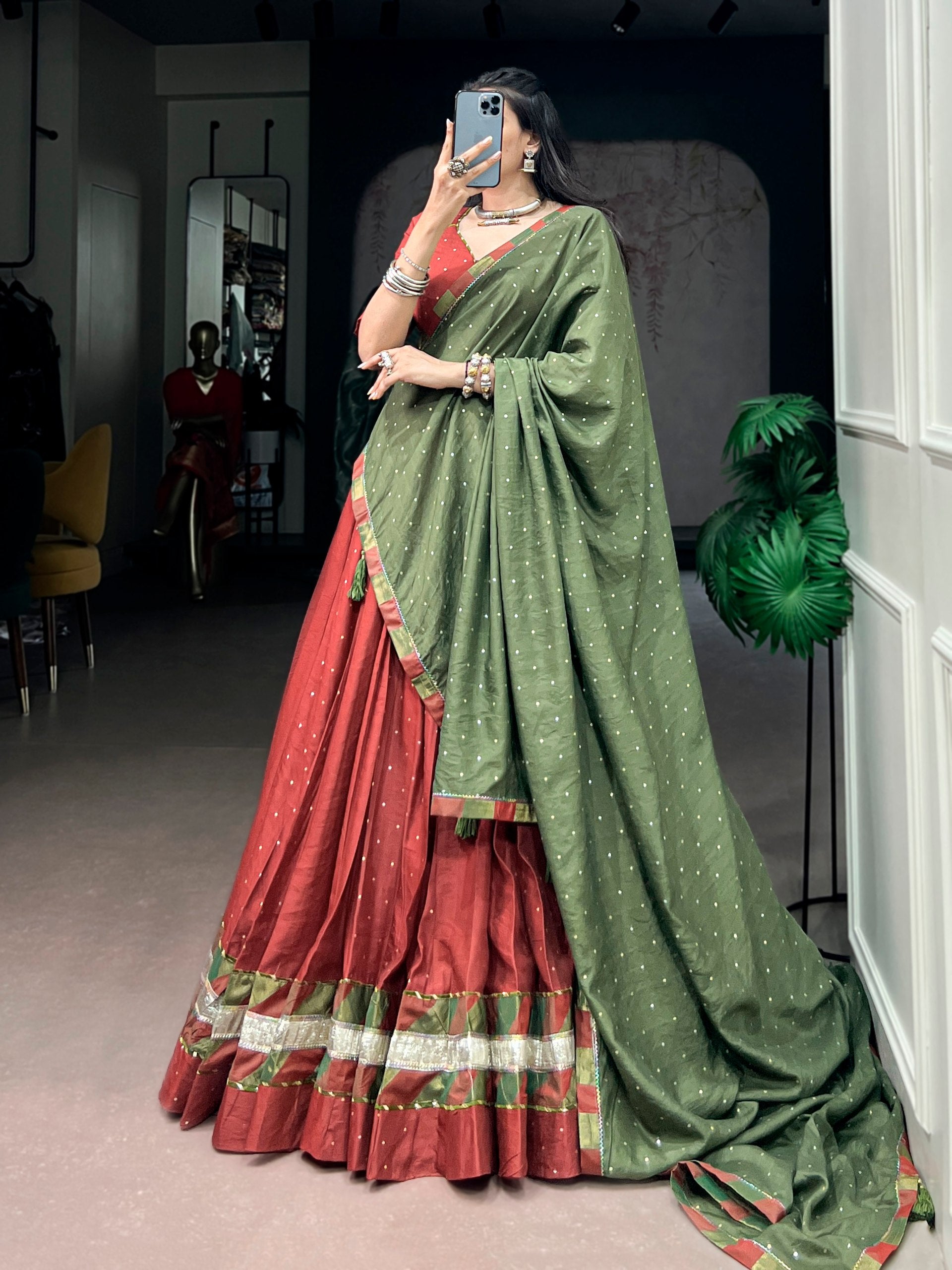 Brick Red & Olive Green Pure Chanderi Lehenga Choli with Zari Butti Dupatta