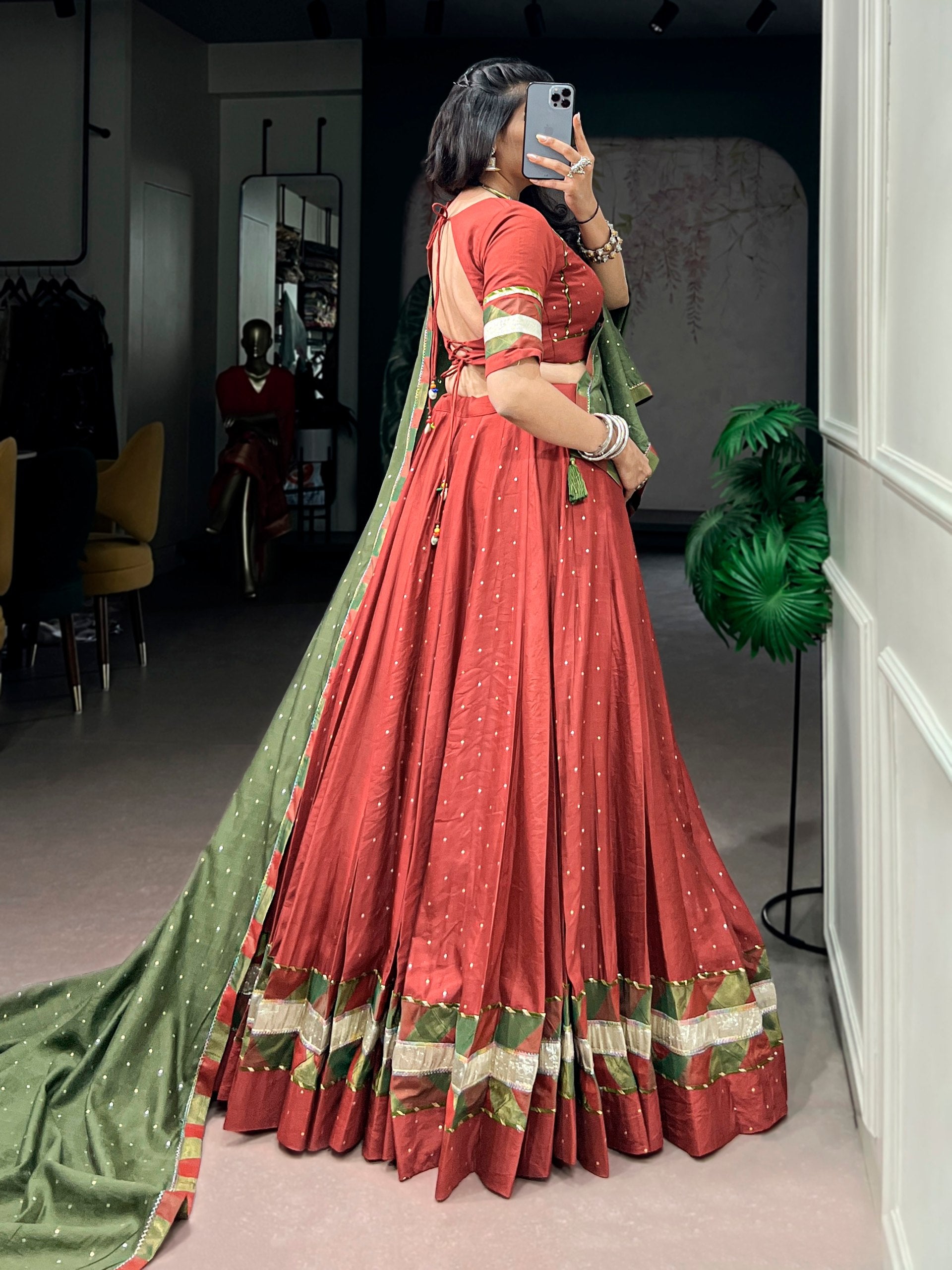 Brick Red & Olive Green Pure Chanderi Lehenga Choli with Zari Butti Dupatta