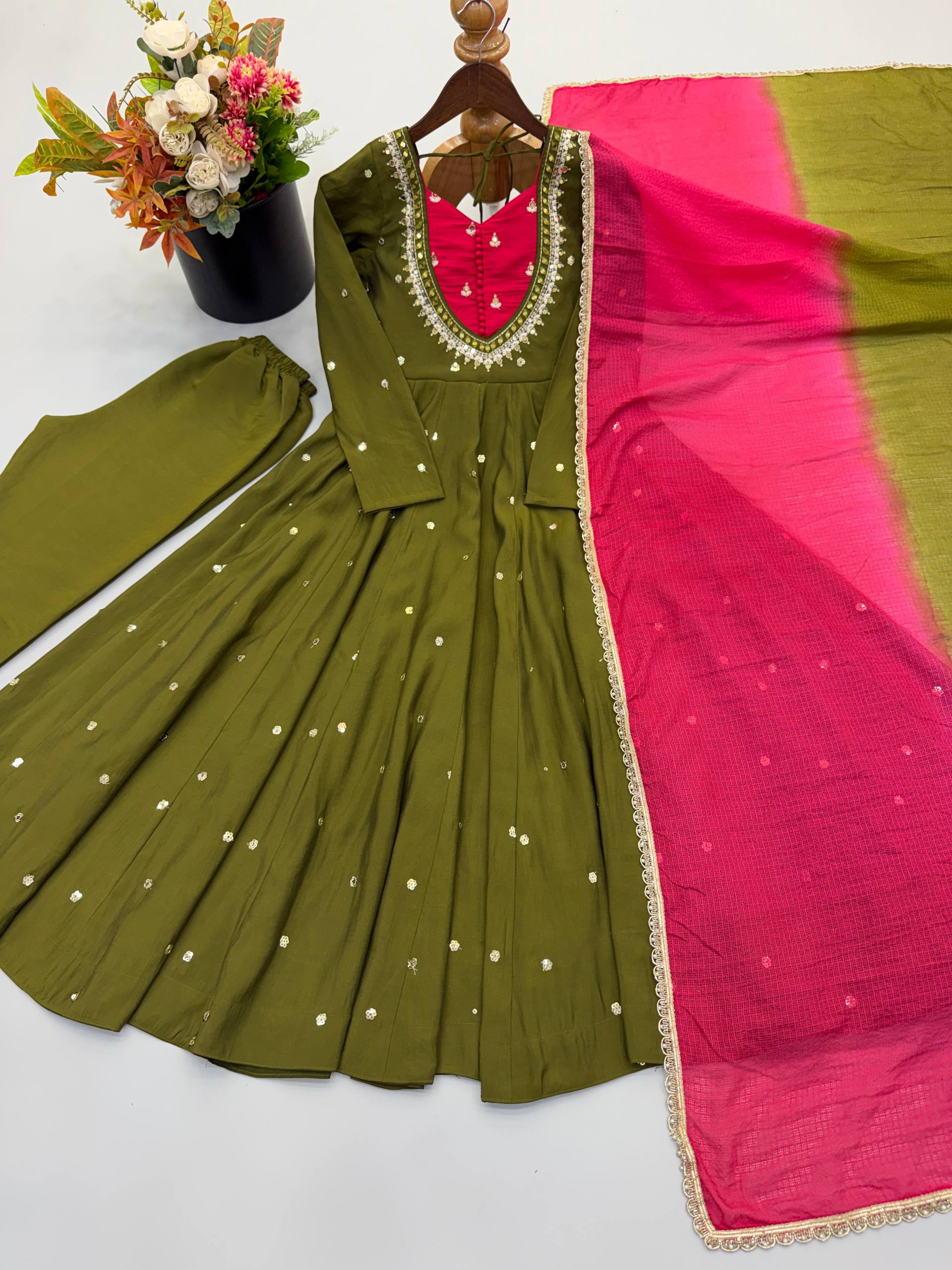 Olive Green Roman Silk Designer Anarkali Suit Set with Pink Kota Checks Dupatta