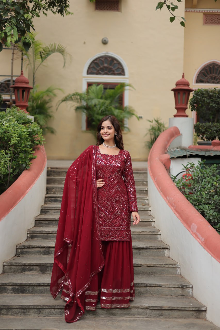 Maroon Color Partywear Readymade Sarara Suit