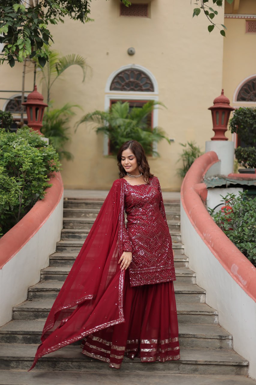 Maroon Color Partywear Readymade Sarara Suit