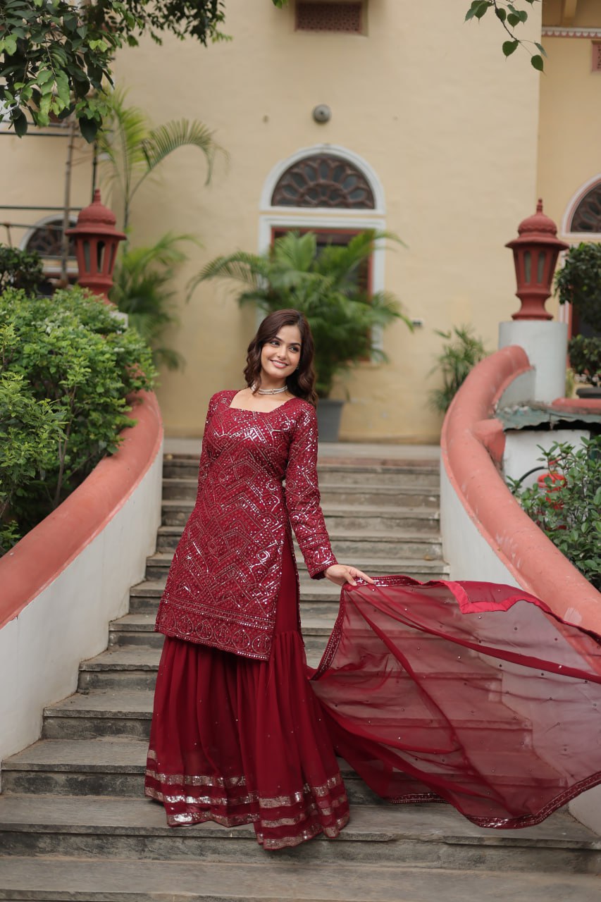 Maroon Color Partywear Readymade Sarara Suit