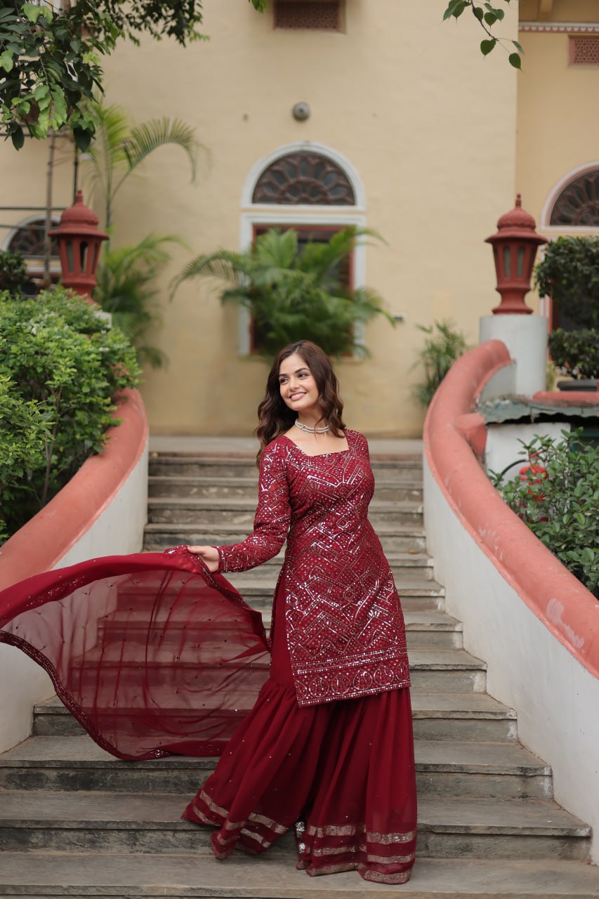 Maroon Color Partywear Readymade Sarara Suit