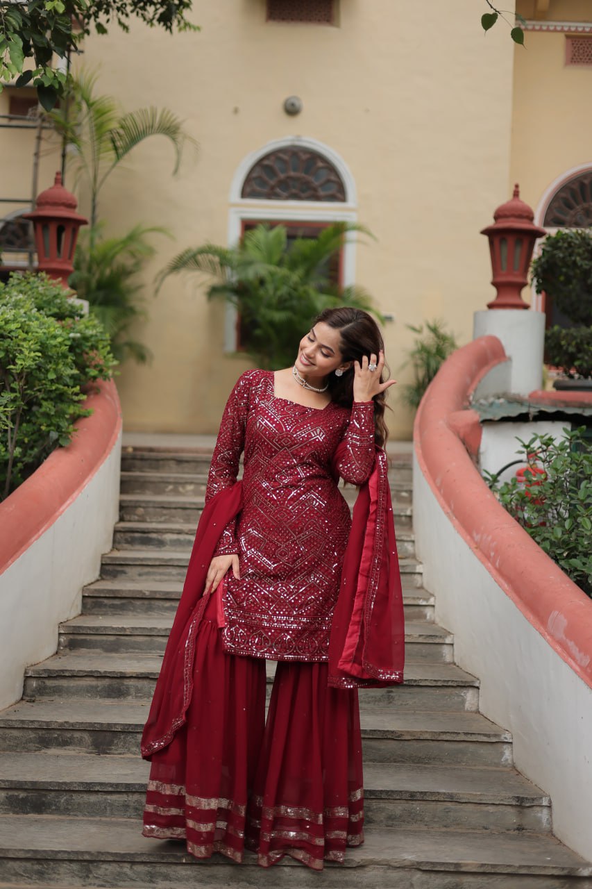 Maroon Color Partywear Readymade Sarara Suit