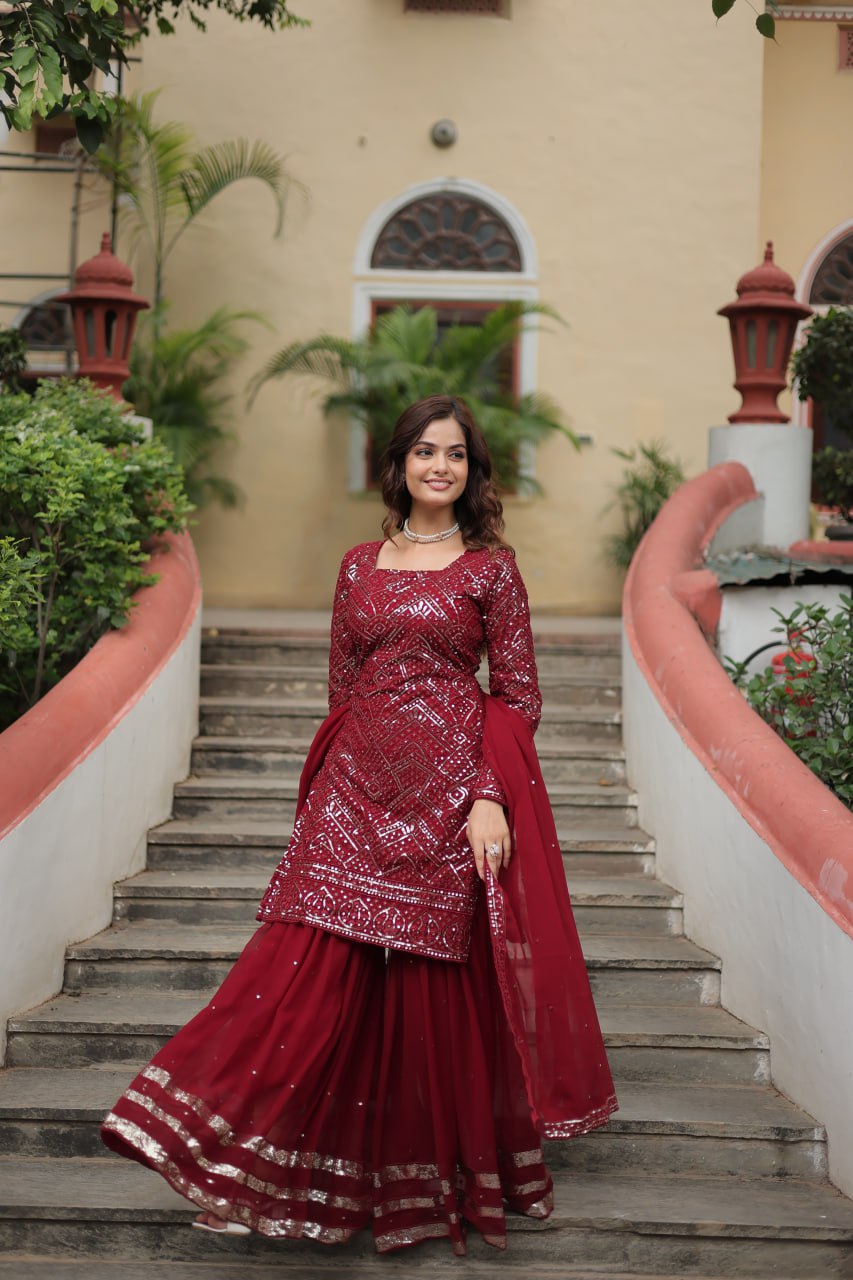 Maroon Color Partywear Readymade Sarara Suit